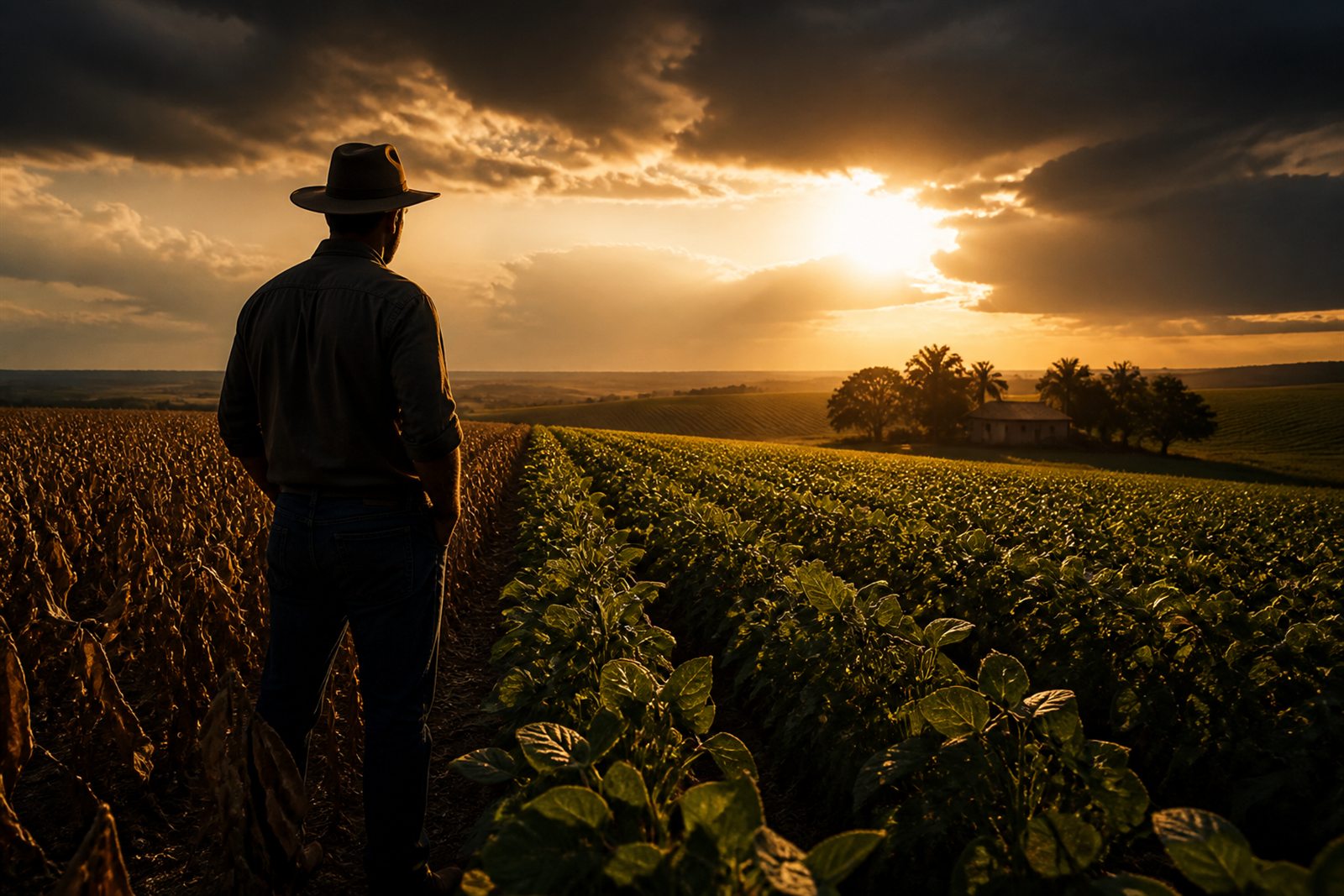 Produtor rural observando lavoura em cenário de recuperação